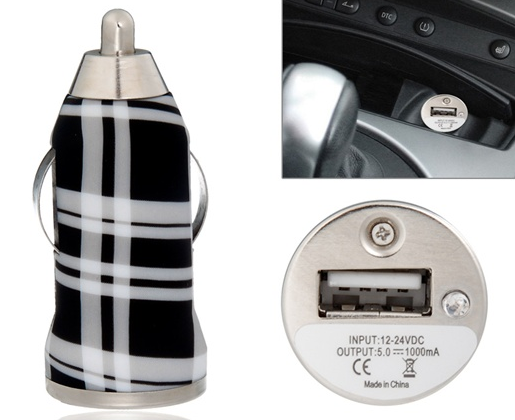 12V para USB 2.0 Plaid Car Charger (Black & White)